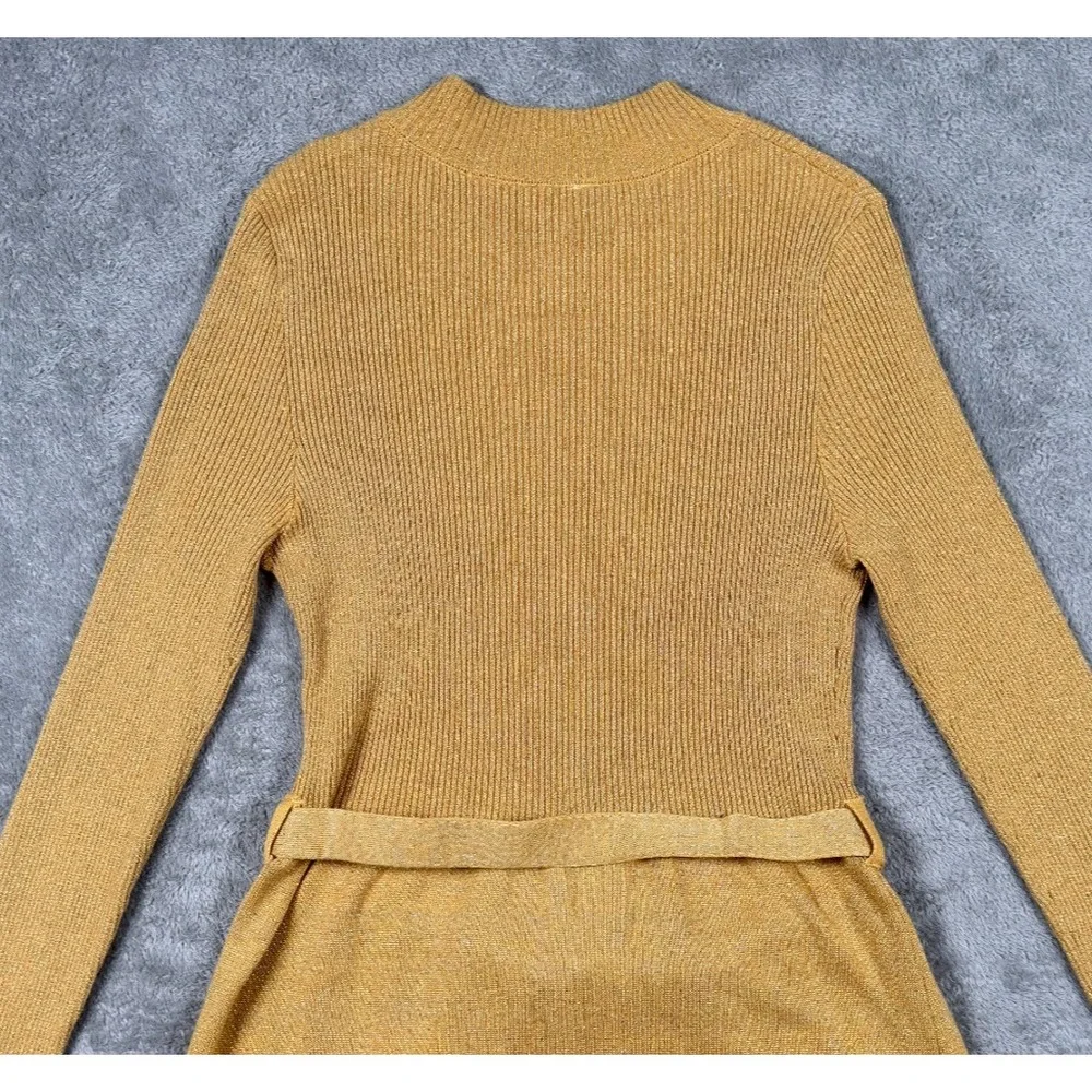 Free People Gold Lurex Ribbed Knit Belted Mini Dress Small French Girl Mock Neck